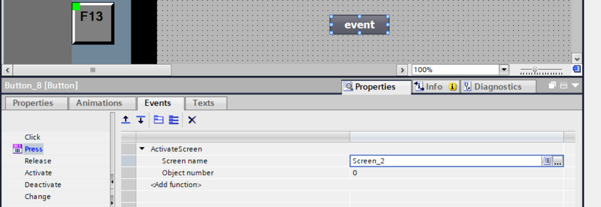 how to set button event in wincc hmi tia portal